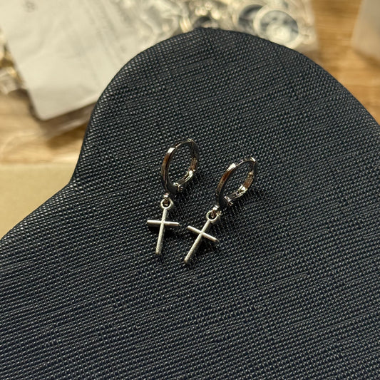 Small Silver Cross Huggie Hoop Earrings