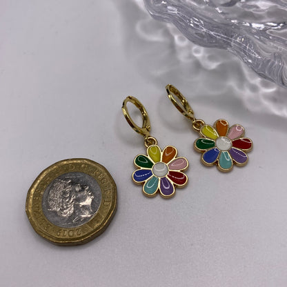 Rainbow Flower Huggie Hoop Earrings