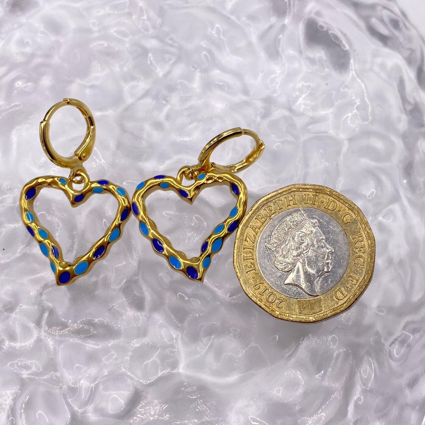 Blue Speckled Heart Huggie Hoop Earrings