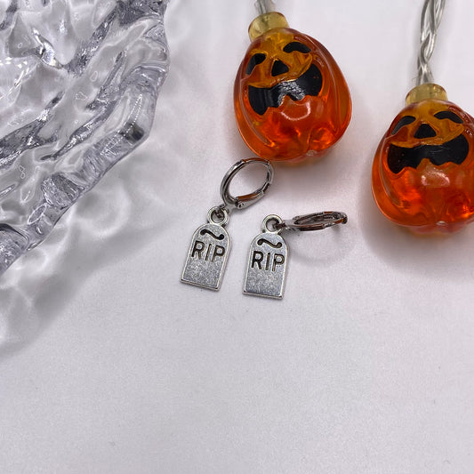 RIP Grave Tombstone Huggie Hoop Earrings