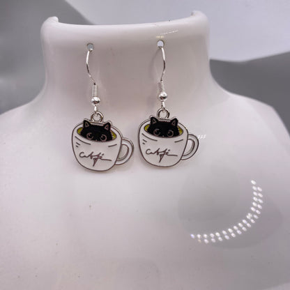 Cat In A Coffee Cup Earrings