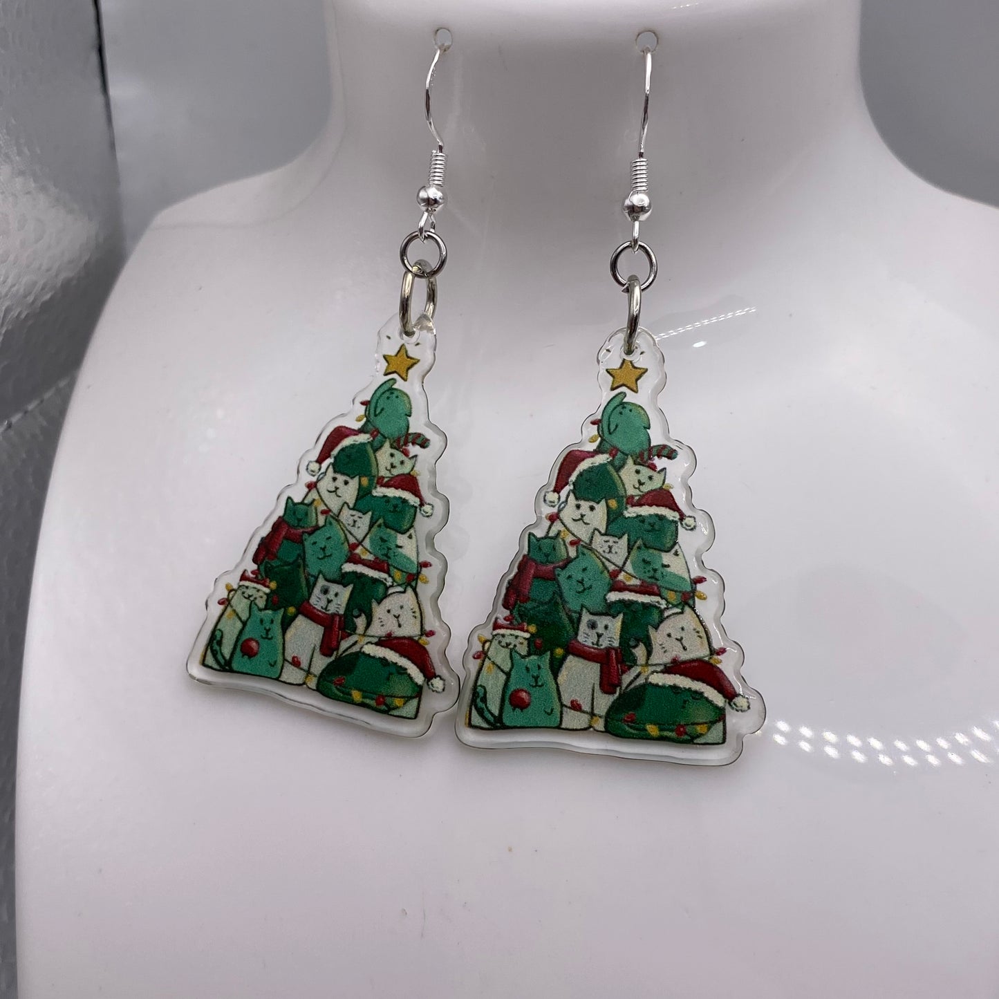 Cat Christmas Tree Earrings