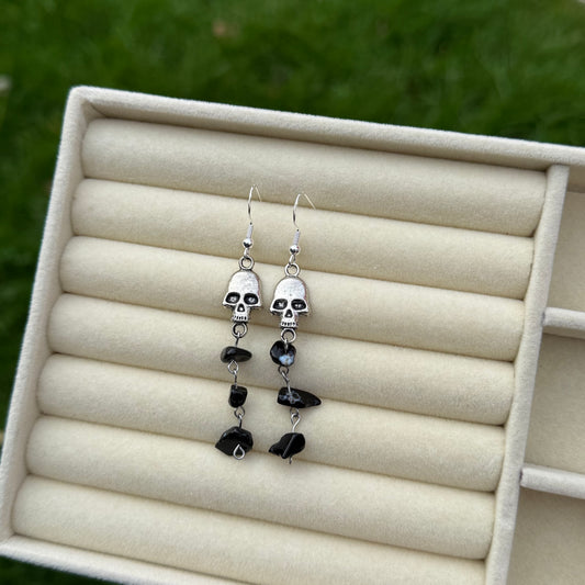 Black Crystal Drop Skull Earrings