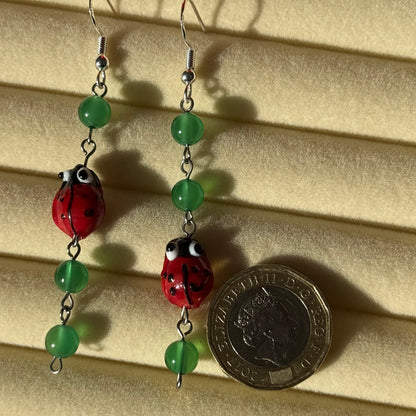 Dangly Green Ladybird Earrings