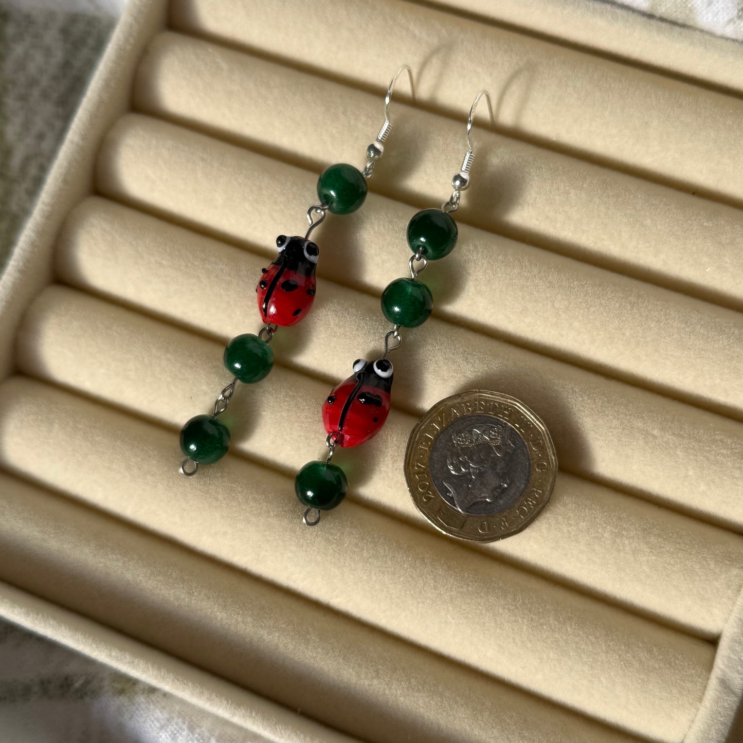 Dangly Green Ladybird Earrings