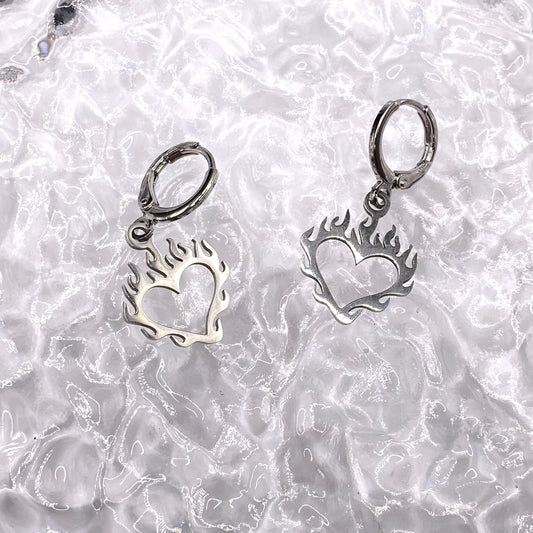 Silver Flame Heart Huggie Hoop Earrings