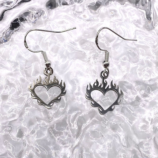 Silver Flame Heart Earrings