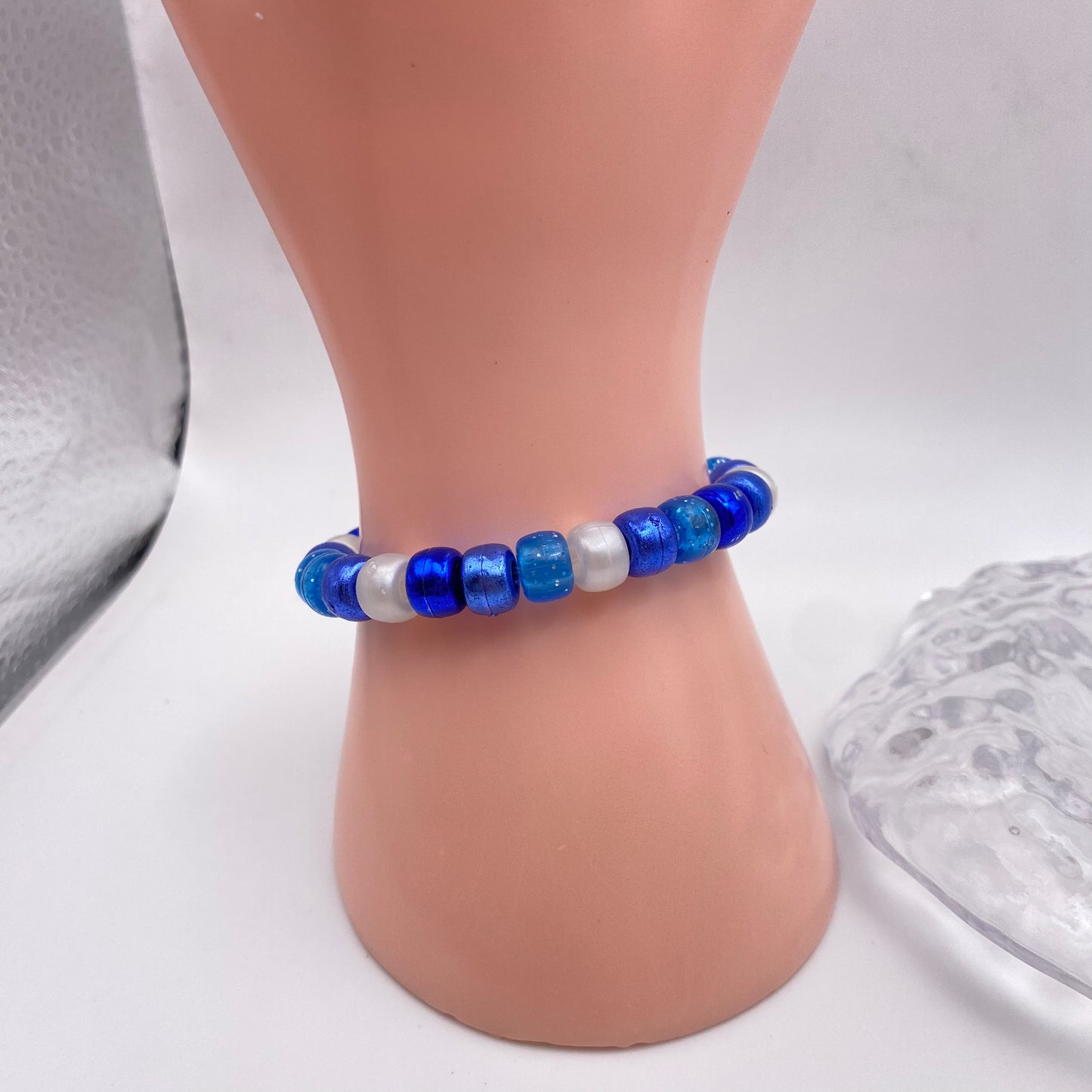 Dark Blue and White Beaded Bracelet