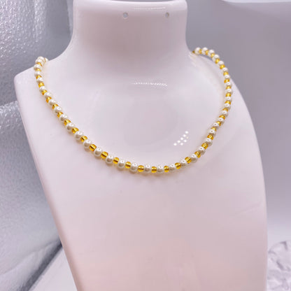 Gold and White Pearl Beaded Necklace