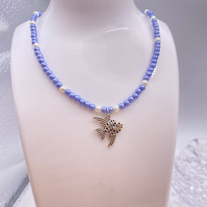 Blue and White Pearl Beaded Necklace with Fish