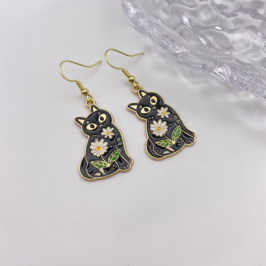 Flower Black Cat Earrings