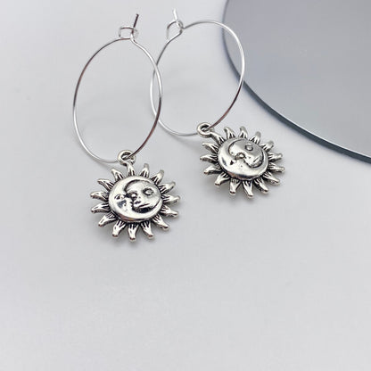 Small Silver Sun and Moon Hoop Earrings