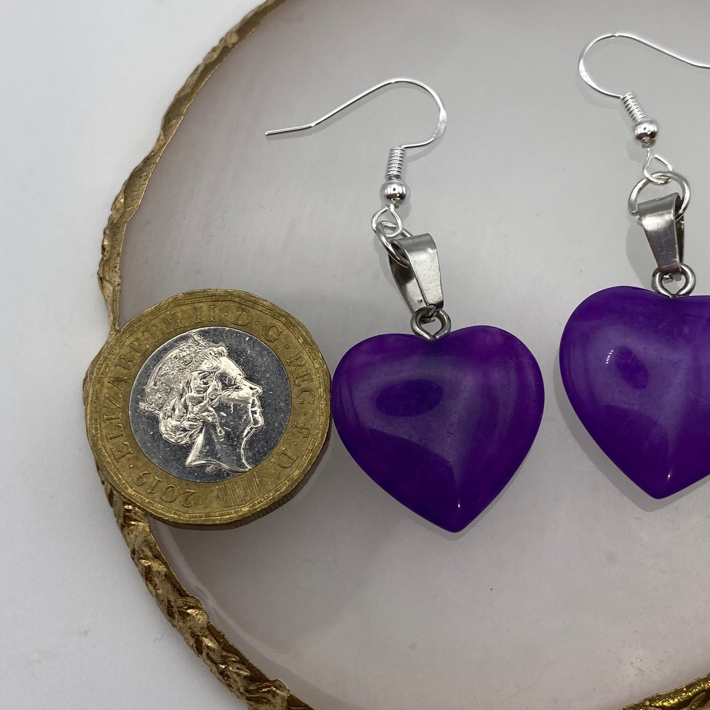 Purple Jade Heart Pendant Earrings