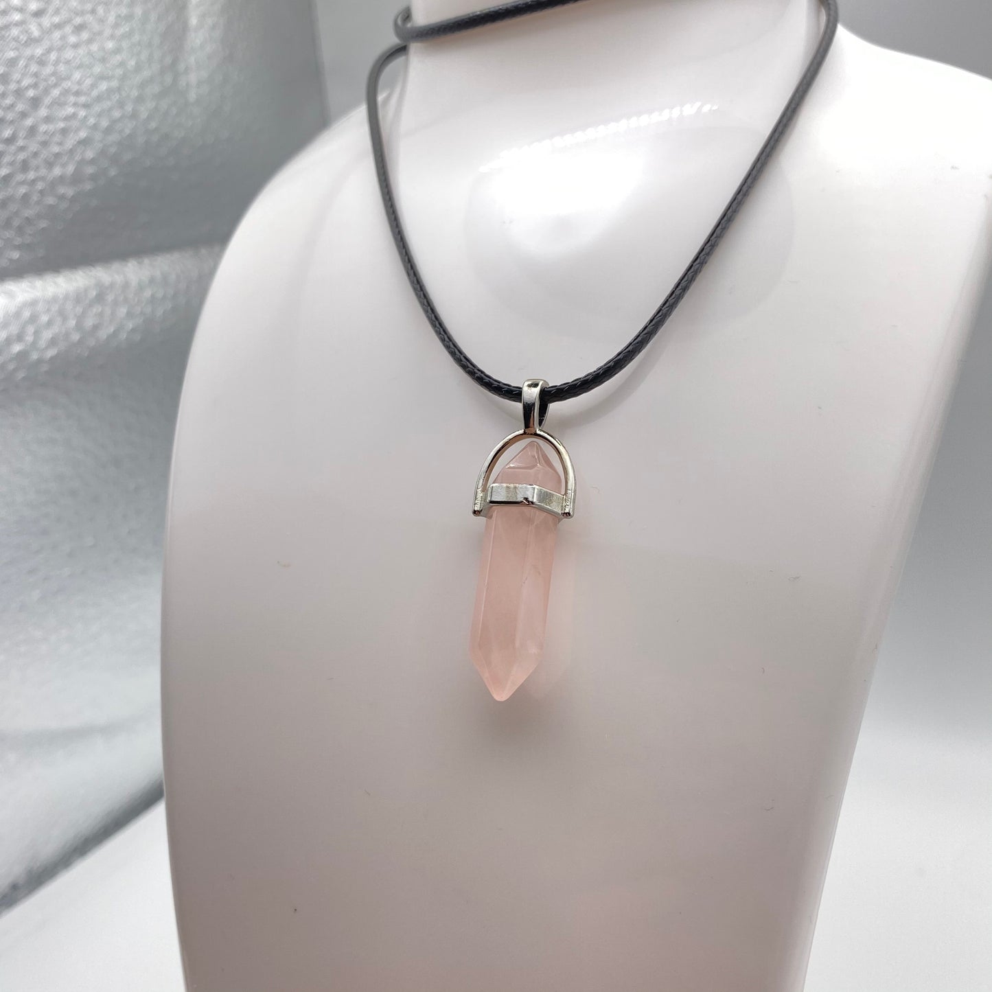 Rose Quartz Crystal Pendant Necklace on Black Chord