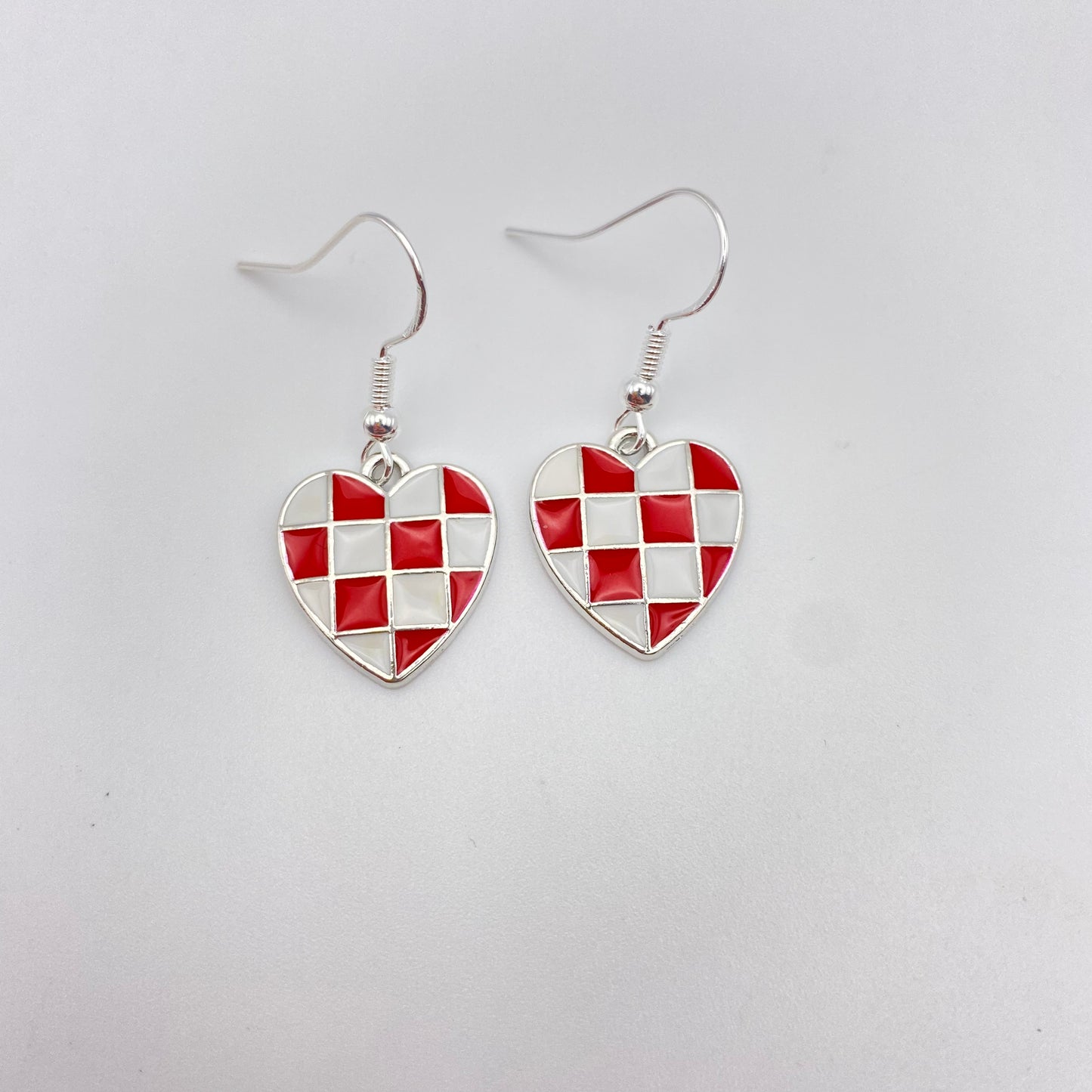 Silver Checkered Heart Earrings