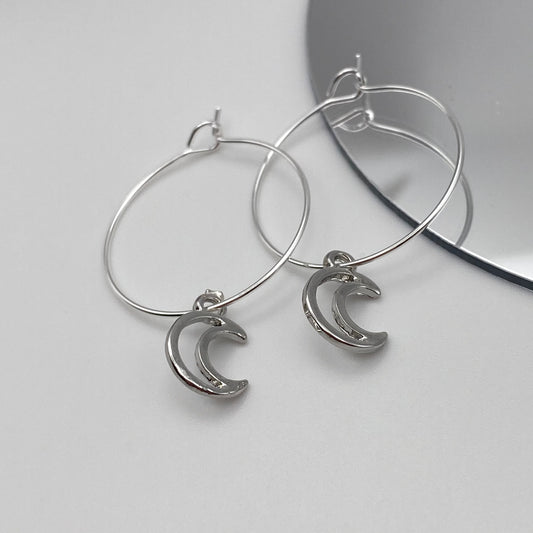 Small Silver Moon Hoop Earrings