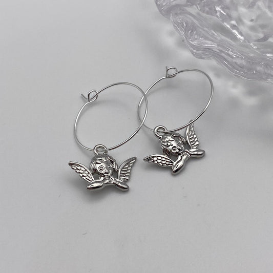 Silver Cherub Hoop Earrings