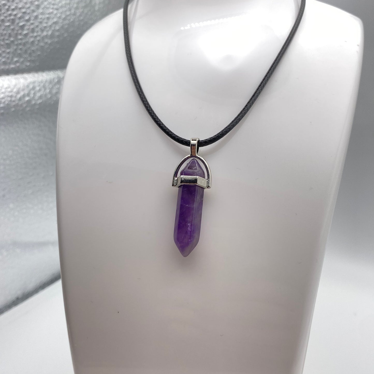 Amethyst Crystal Pendant Necklace on Black Cord