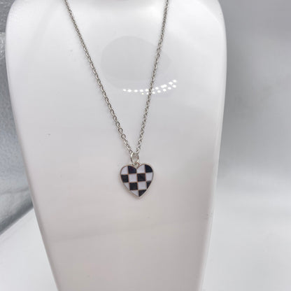 Silver Checkered Heart Necklace