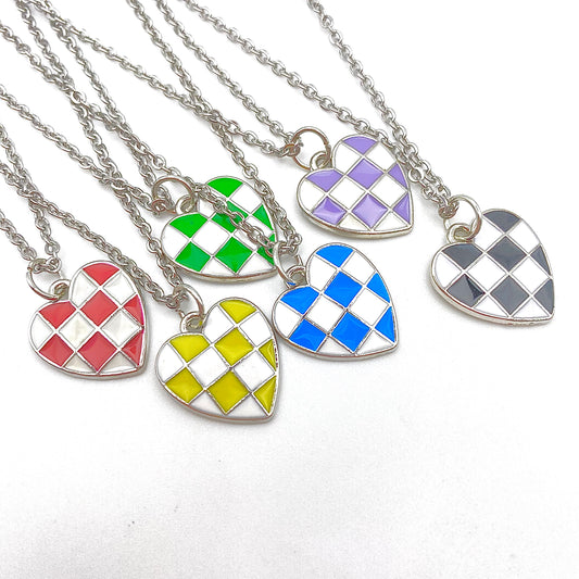 Silver Checkered Heart Necklace